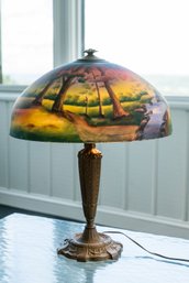 Beautiful Vintage Mid-20th C. Reverse Painted Glass Parlor Lamp With Dome Shade
