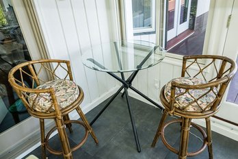 Contemporary Modern Glass High Top Table & A Pair Of Gorgeous Rattan Swivel Bar Stools With Cushions