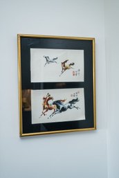 Exceptional Pair Of Fine Art Chinese Ink Wash Paintings Of Running Horses - Framed Together On Embossed Paper