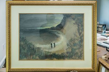 Beautiful Gilt Framed Seascape Painting Of Beach And Dunes And Shorecasting Fisherman