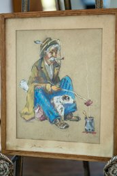 1924 Norman Rockwell Framed Sketch 'Hobo And Dog' In Colored Charcoal Or Pencil