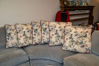 Set Of 6 Cabbage Rose Print Sofa Pillows In Muted Shades Of Blue And Green