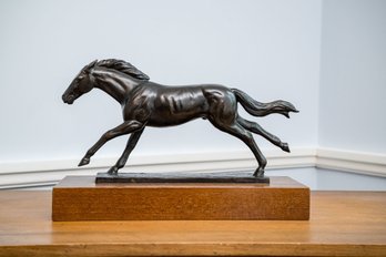 Mounted Bronze Galloping Horse Sculpture - Signed