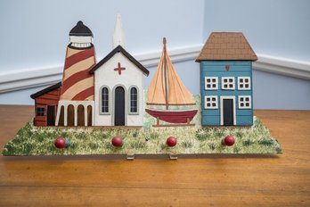 Nautical-themed Wooden Wall Hook Rack With A Lighthouse, Church, Sailboat And House