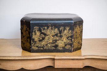 Large Antique Black Lacquer Chinese Jewelry Or Trinket Box With A Gilt Chinoiserie Pagoda Pattern