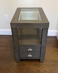Modern Wooden  Side Table With Beveled Glass Insert, One Drawer With Chrome Finish Hardware