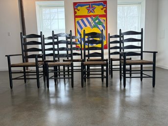 8 Vintage Style Ladder Back Chairs With Rush Seats Solid Wood Painted Black