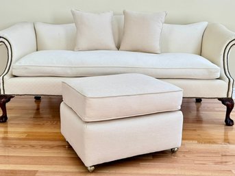 Upholstered Ottoman With Brass Casters & Two Coordinating Throw Pillows - Cream Textured Fabric