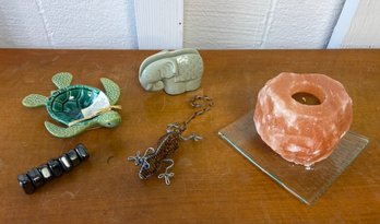 Himalayan Salt Candle Holder& Dish, Beaded Iguana, Magnetic Hermatite Stone & A Maui Turtle