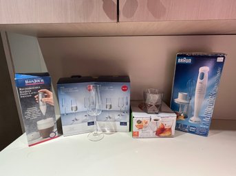 Villeroy &  Boch Champagne Stems, NIB, Frother, Immersion Blender, New Rock Glasses