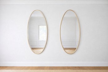 Vintage Pair Of Beveled Oval Wall Mirrors In Slim Gold Tone Frames, 21.5' X 50' - Westport