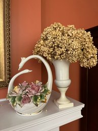 Italian Porcelain Swans & Roses & Pedestaled Glass Vase