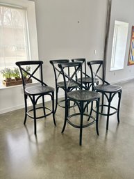 5 Ebonized X-back Stools With Rattan Seats