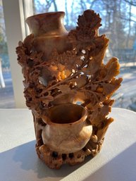 Antique Hand Carved Double Soapstone Vase, A Beauty!
