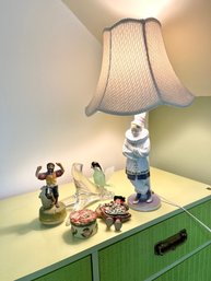 Porcelain Clown Table Lamp, Morano Glass Bird, Sankyo Figure & Composit Made Box