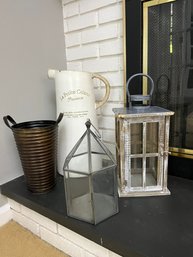 Decorative Lantern, Stne Ware Jug, Glass Terrarium & Tin Florist Bucket