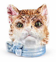 Antique 1880s Majolica Head Tobacco Jar (Cat With Blue Collar Ribbon)
