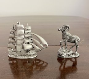Miniature Pewter Ship With Sails & Mountain Goat