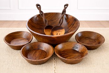 Vintage Hand-Carved Wooden Salad Bowl Set With Twisted Handle Servers  7 Piece - Westport