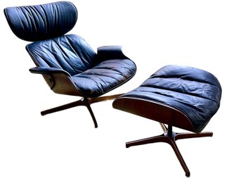 George Mulhauser For Plycraft MCM Bent Plywood And Leather Lounge Chair & Ottoman