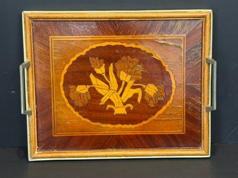 Vintage Wooden Floral Marquetry Inlay Cocktail Tray