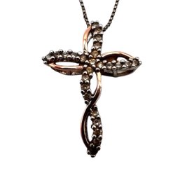 (B4) Sterling Silver Rose Gold Clear Stone Cross On Sterling Silver Box Chain Necklace