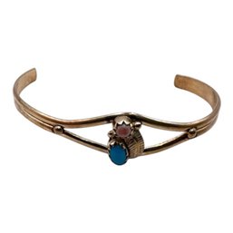 (B8) Small Sterling Silver Turquoise And Coral Cuff Bracelet