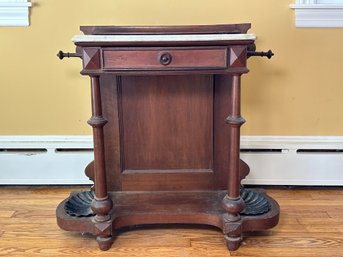 Antique Marble Top Entry Table With Cast Iron Drip Pan For Umbrellas