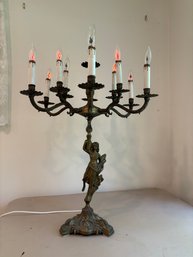 Heavy Decorative Brass Candelabra Lamp Featuring A Central Figure Of A Woman