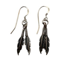 (B11) Sterling Silver Double Feather Dangle Earrings