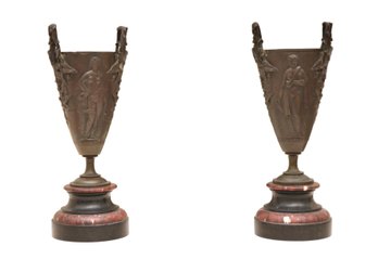 Neoclassical Bronze Urn Oil Lamp Bases Featuring Intricate Classical Figural Relief