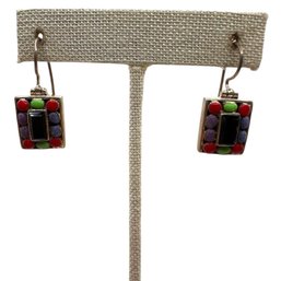 (B12) Sterling Silver Multi Color Stone Dangle Earrings
