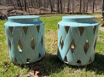 Pair Of Lattice Ceramic Indoor/Outdoor Garden Stool/side Table