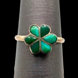 (B14) Sterling Silver Green Turquoise Floral Ring, Size 5.75