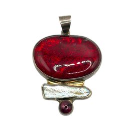 (A150) AURORA PATTI Sterling Silver Red Labradorite And Pearl Pendant