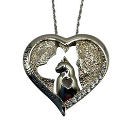 (A154) Sterling Silver Clear Stone Cat Heart Necklace