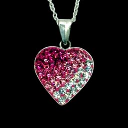 (A155) Jacmel Sterling Silver Pink And Clear Stone Heart Chain Link Necklace