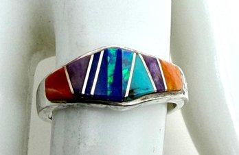 SIGNED C. BEGAY & TSF NATIVE AMERICAN STERLING SILVER MULTI INLAY RING