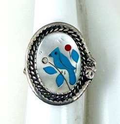 ZUNI NATIVE AMERICAN STERLING SILVER BLUE BIRD INLAY RING