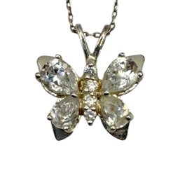 (A157) Italian Sterling Silver Faceted Clear Stone Butterfly Necklace