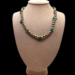 (B22) Heavy Sterling Silver Turquoise Beaded Ball Necklace