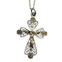 (A159) Sterling Silver Filigree Crucifix Chain Link Necklace