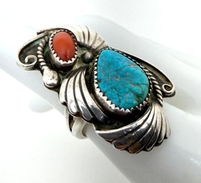 SIGNED RY RAYMOND YAZZIE NATIVE AMERICAN STERLING SILVER TURQUOISE CORAL RING