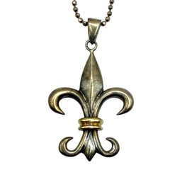 (A160) 10K Gold And Sterling Silver Flor De Lis Pendant On Italian Sterling Silver Beaded Ball Chain Necklace