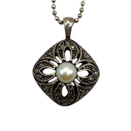 (A162) Sterling Silver Marcasite And Pearl Beaded Ball Chain Necklace