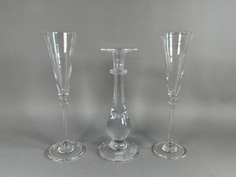 Vintage Simon Pearce Heartland Flutes & Candlestick Holder
