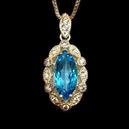 (A165) Italian Sterling Silver Aquamarine And Clear Stone Box Chain Necklace