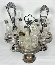 Silver Plate Etched Carousel Condiment Cruet Sets (3)