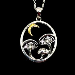 (A166) Sterling Silver Mushrooms And Vermeil Moon Chain Link Necklace