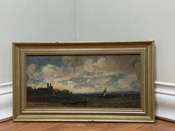 Antique Sailboat Landscape Oil Painting On Board